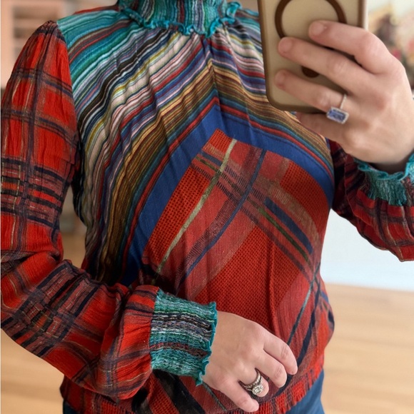 Blank London Size Small Multicolor Plaid Red Blue Mock Neck Women's Blouse Top - Picture 4 of 12
